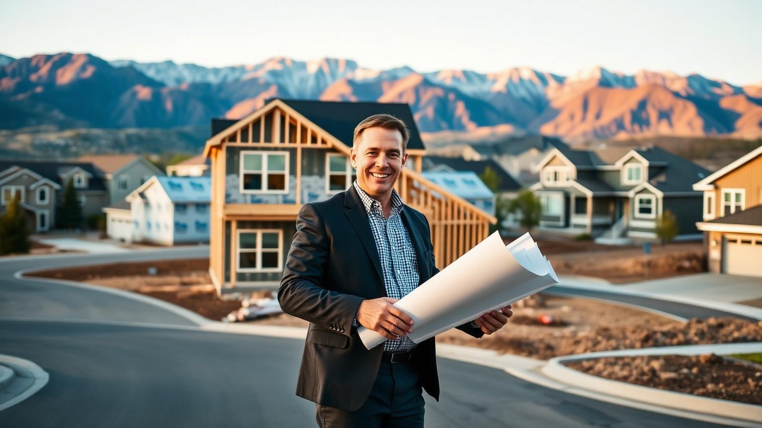 Utah mortgage professional Tres Miller standing in a Wasatch Front new-construction neighborhood, holding rolled construction plans in front of a framed two-story home at golden hour.