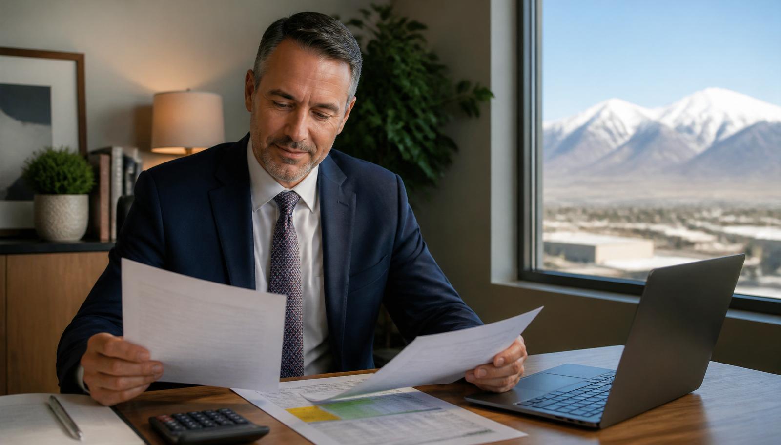 Utah mortgage professional Tres Miller reviewing a Utah county property tax notice at a desk with the Wasatch mountains visible through the window.