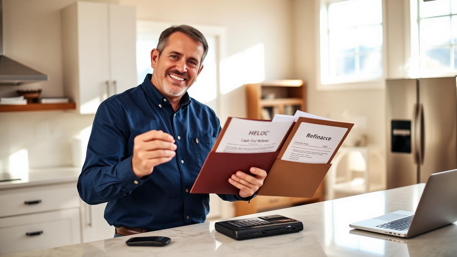 Utah mortgage professional Tres Miller comparing a HELOC folder and a cash-out refinance folder side-by-side on a kitchen island, with a laptop showing a home-equity comparison spreadsheet and the Wasatch Mountains through a window.