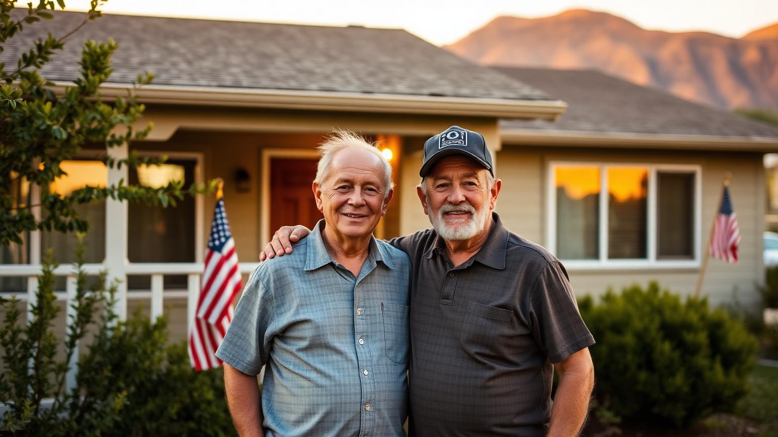A U.S. veteran couple standing warmly in front of a modest single-family Utah home at golden hour with a small American flag on the porch and the Wasatch foothills in the background.