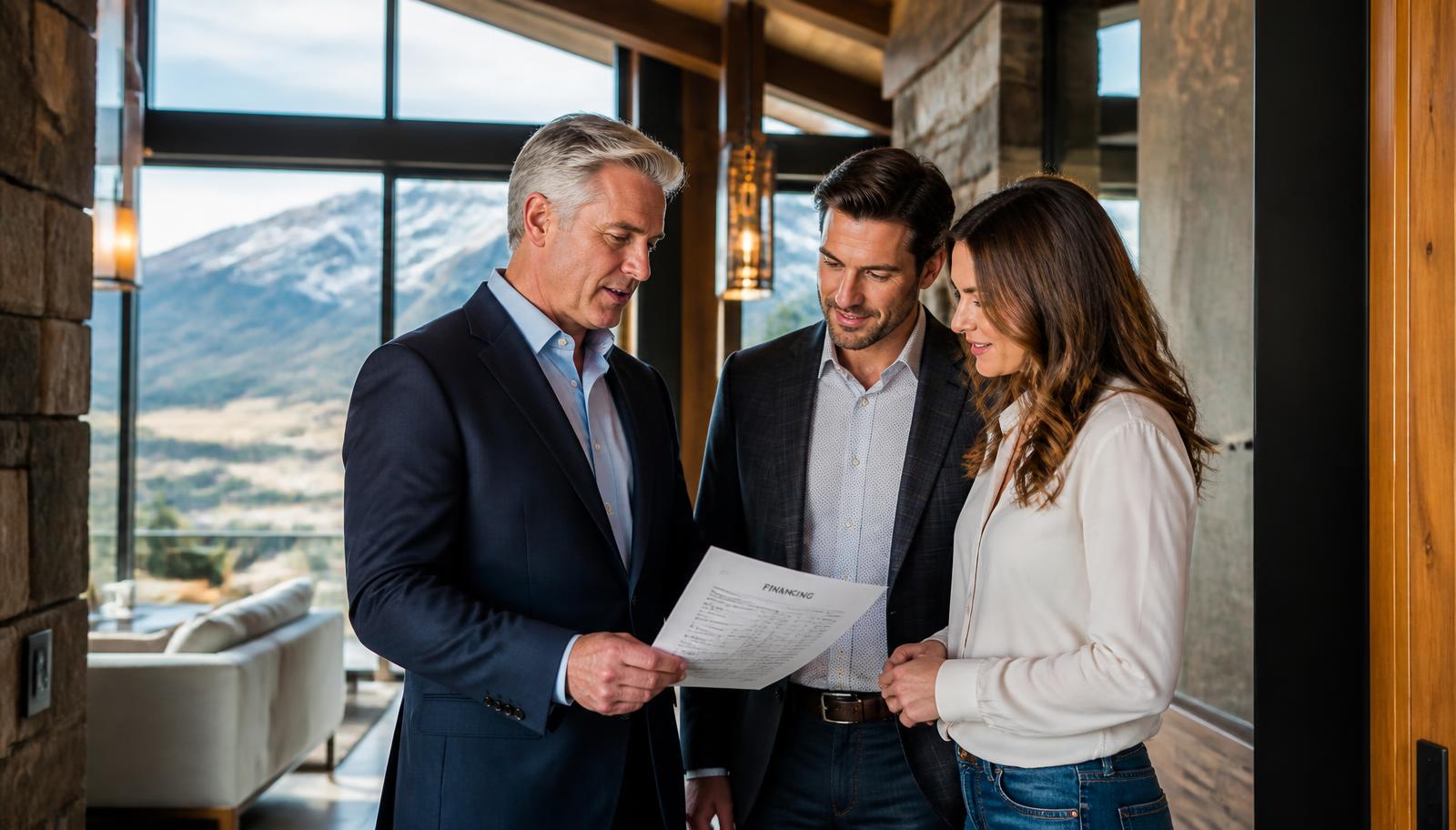 Utah mortgage professional Tres Miller reviewing jumbo financing options with a couple inside a luxury Utah mountain home with Wasatch peaks visible through floor-to-ceiling windows.