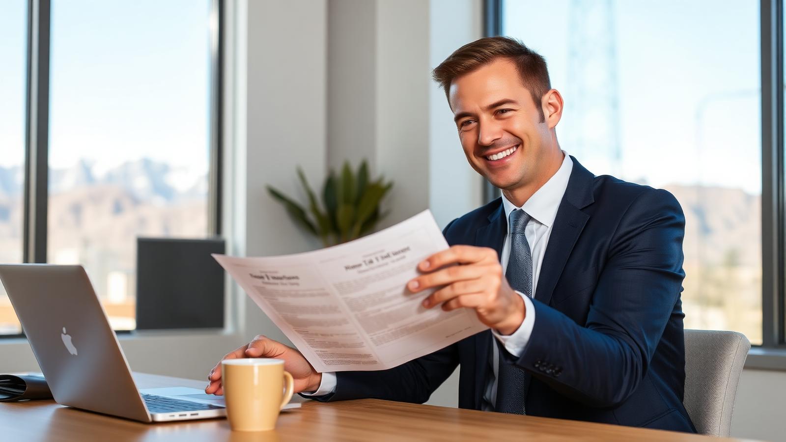 Utah mortgage professional Tres Miller reviewing a Utah homeowners insurance policy at his desk, with the Wasatch mountains visible through the office window.