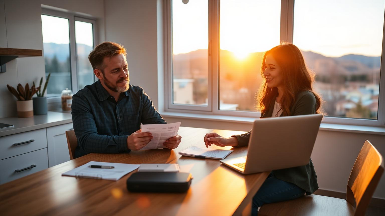 A Utah homebuyer reviewing a credit report and mortgage documents at a kitchen table with the Wasatch mountains visible through a window.