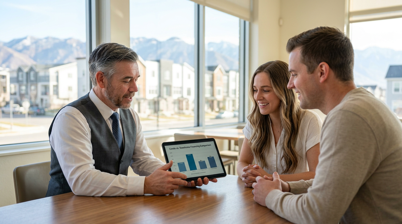 Utah mortgage professional Tres Miller reviewing a condo and townhome financing comparison on a tablet with a couple, with a Utah townhome community and Wasatch mountains visible through the windows.