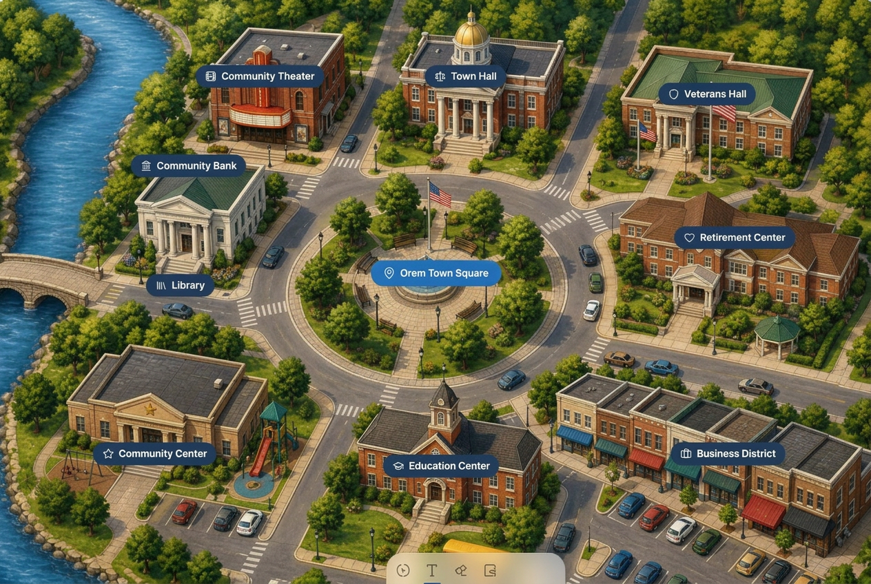 Illustrated aerial map of Orem Town Square showing buildings that link to homeownership topics.