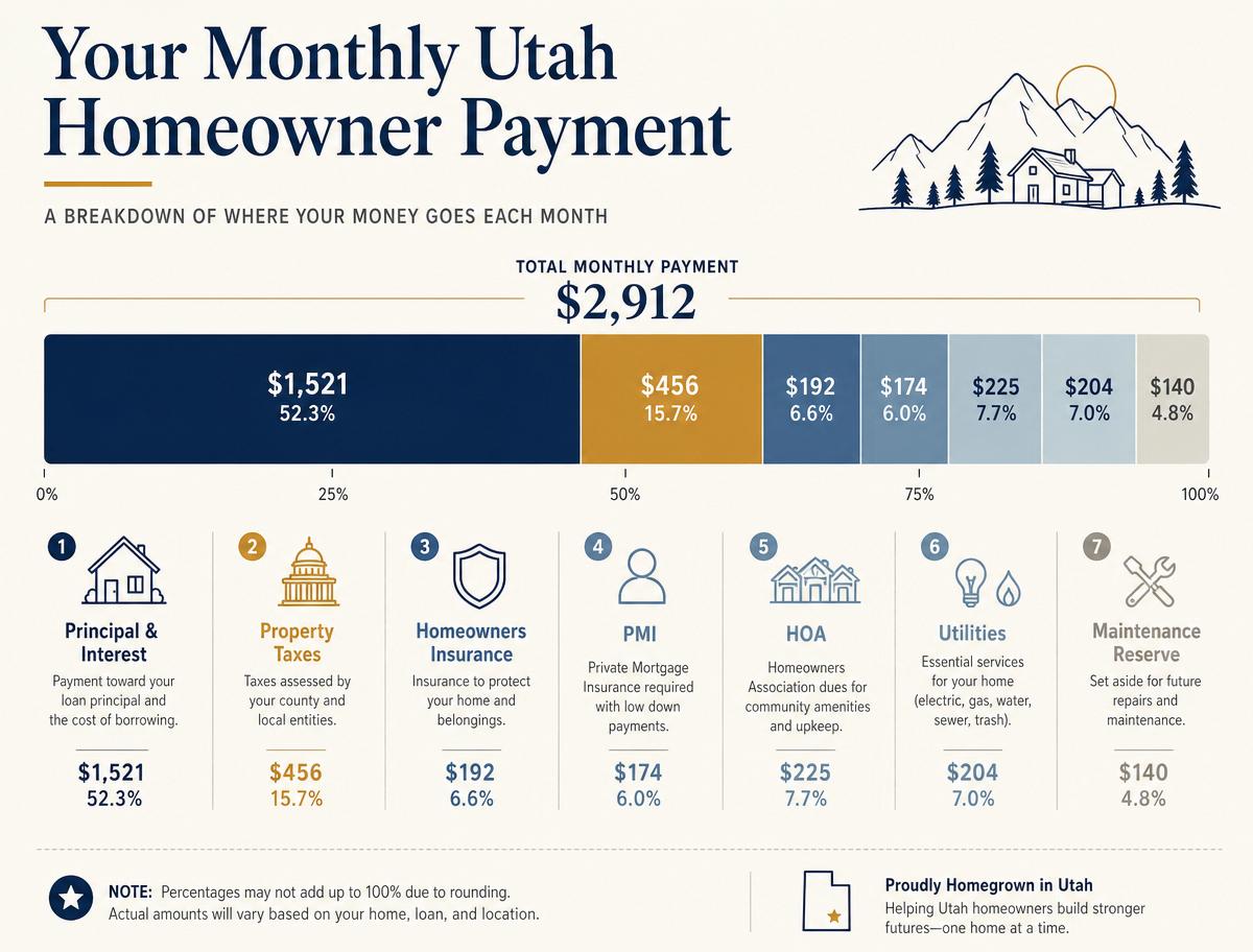 Infographic breaking a Utah homeowner's monthly payment into principal & interest, property taxes, homeowners insurance, PMI, HOA, utilities, and maintenance reserve.