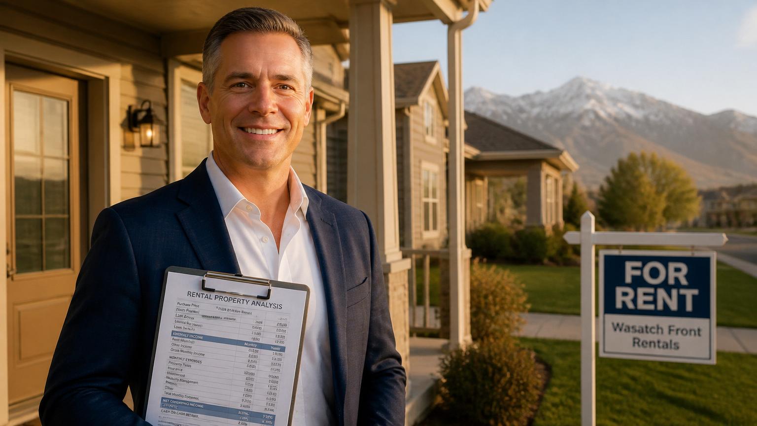 Utah mortgage professional Tres Miller holding a rental property analysis worksheet on the porch of a Wasatch Front rental home at golden hour with the Wasatch Mountains behind him.