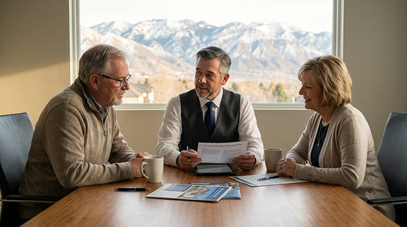 Utah mortgage professional Tres Miller reviewing a retirement housing and home-equity plan with a retired Utah couple, Wasatch mountains visible through the window.