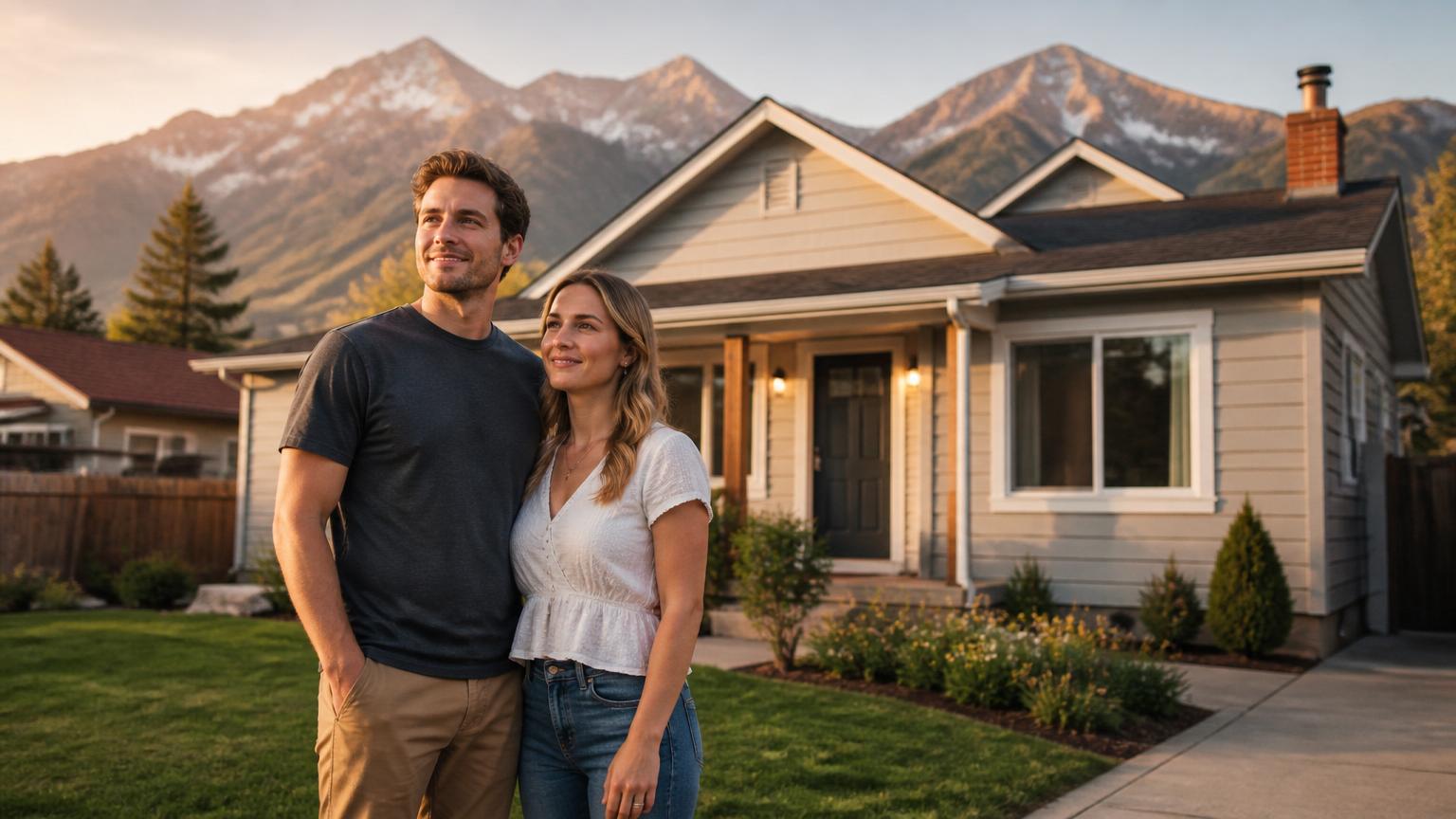 A Utah couple standing in front of a modest single-family home with the Wasatch mountains behind them at golden hour.