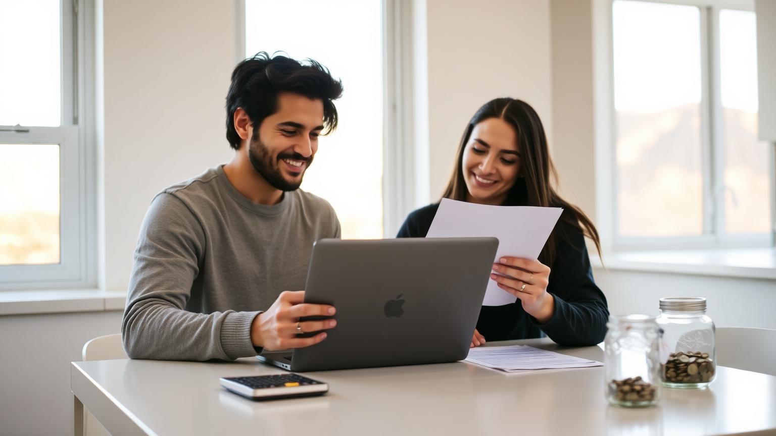A first-time Utah homebuyer couple reviewing paperwork and a laptop at a bright kitchen table with a savings jar and calculator.