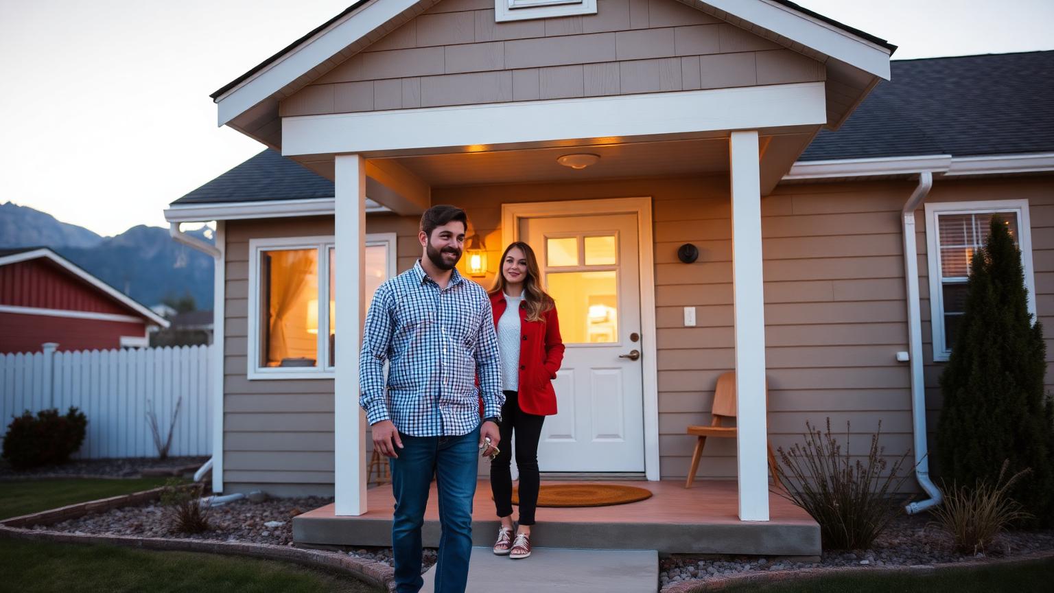 A Utah first-time homebuyer couple standing on the porch of a modest single-family home with the Wasatch mountains softly visible at golden hour.