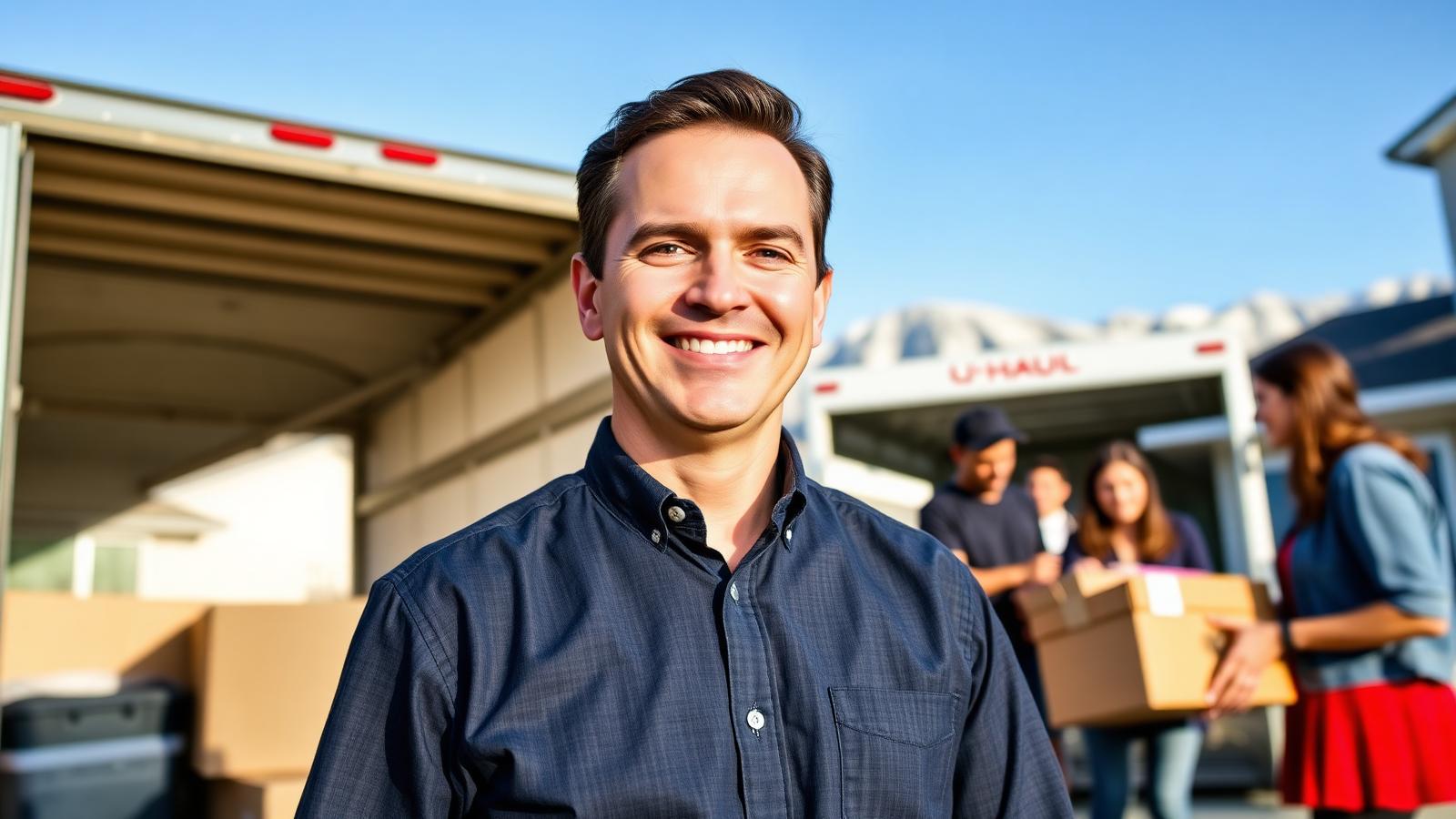 Utah mortgage professional Tres Miller welcoming a family unloading moving boxes from a U-Haul truck in front of a suburban Utah home with the Wasatch Mountains behind.