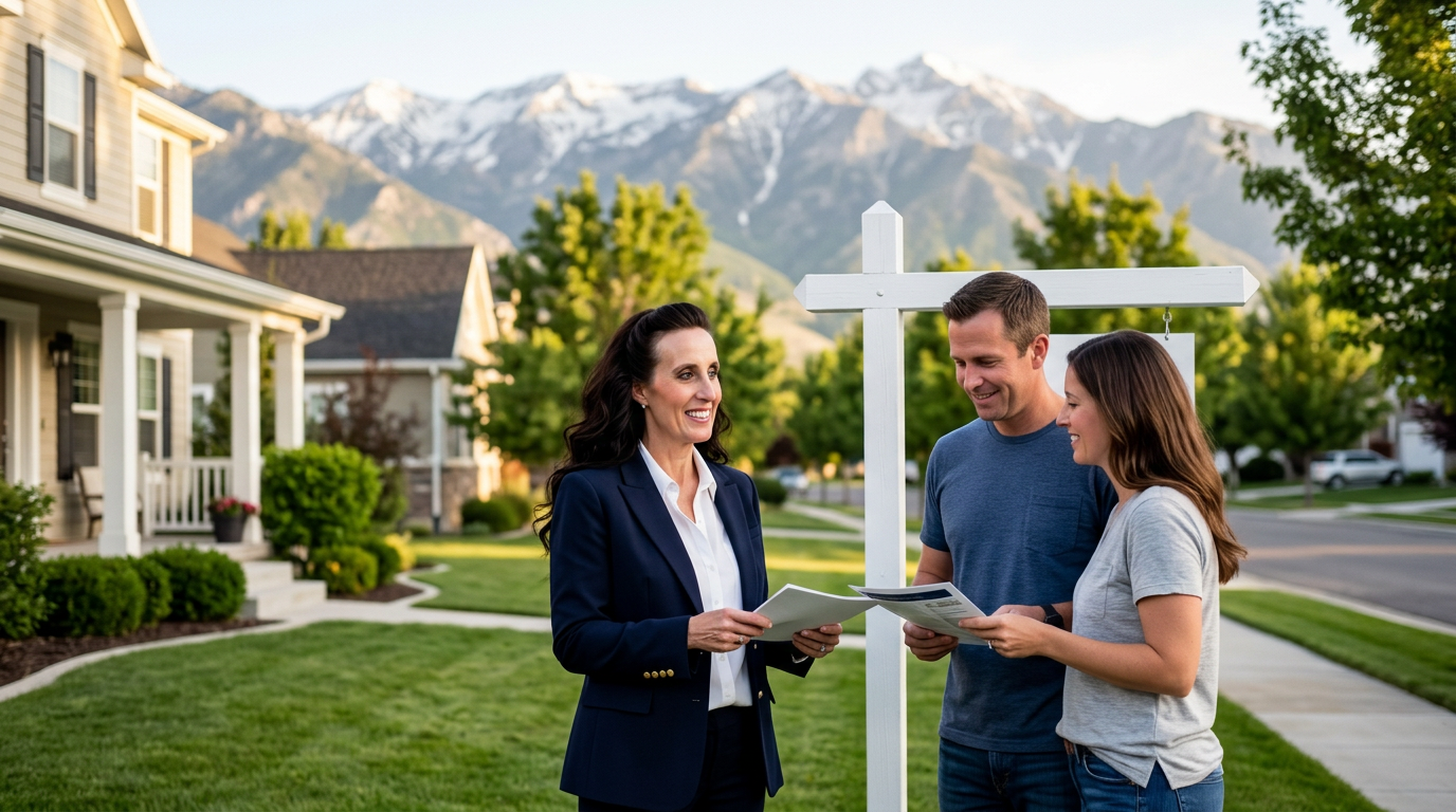 Utah Realtor Kim Miller in a navy blazer outside a well-maintained Utah home prepared for sale, with the Wasatch Mountains behind her.