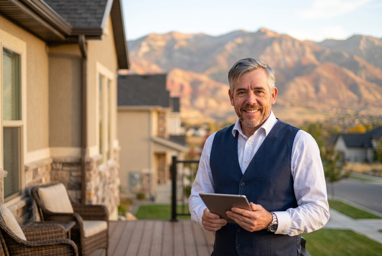 Tres “The Magic Mortgage Lender” Miller, Utah mortgage lender, discussing reverse mortgage options with a retired Utah couple at their dining table.