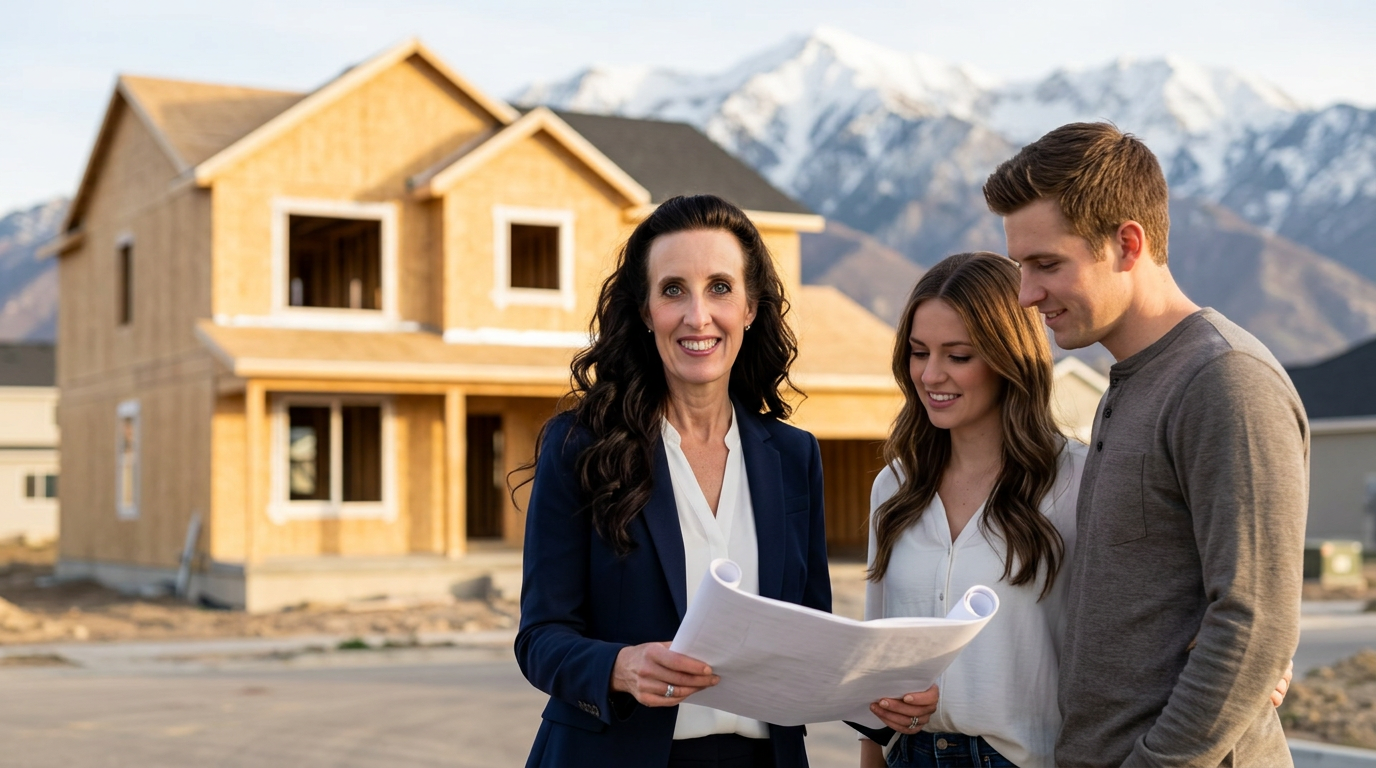 Utah Realtor Kim Miller in a navy blazer reviewing new-construction plans in a Wasatch Front neighborhood at golden hour.