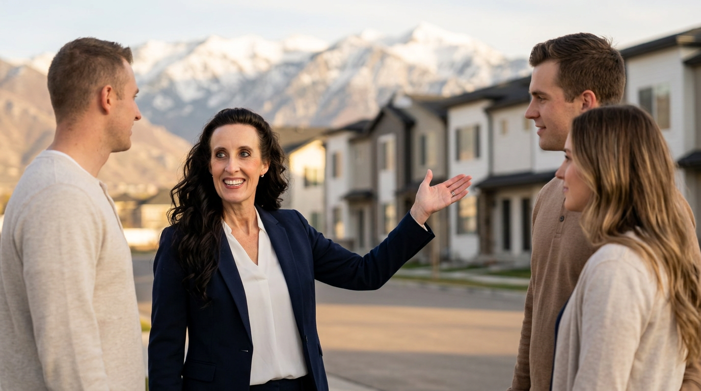 Utah Realtor Kim Miller in a navy blazer reviewing condo and townhome options with a couple, a Utah townhome community and Wasatch mountains beyond.