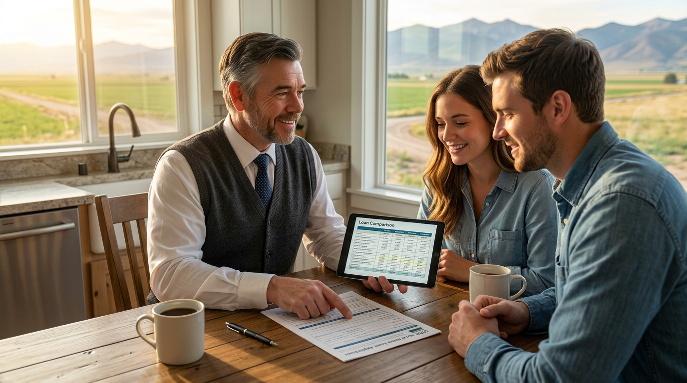 Utah mortgage professional Tres Miller reviewing a USDA rural home loan application and payment comparison with a young couple at a farmhouse kitchen table, with Utah farmland and mountains visible outside.