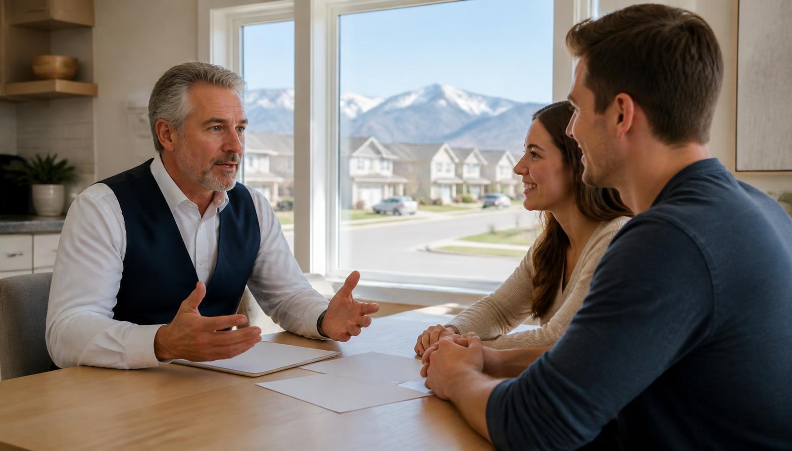 Utah mortgage professional Tres Miller in a white shirt and navy vest explaining manufactured home financing options to a young couple at a kitchen table, with a Utah neighborhood and mountains visible through the window.