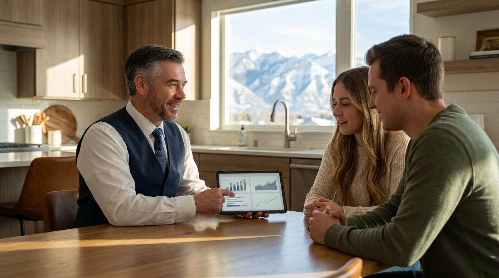 Utah mortgage professional Tres Miller in a white dress shirt and navy vest reviewing a Salt Lake County home purchase plan on a tablet with a young couple at a kitchen table, snow-capped Wasatch mountains through the window.