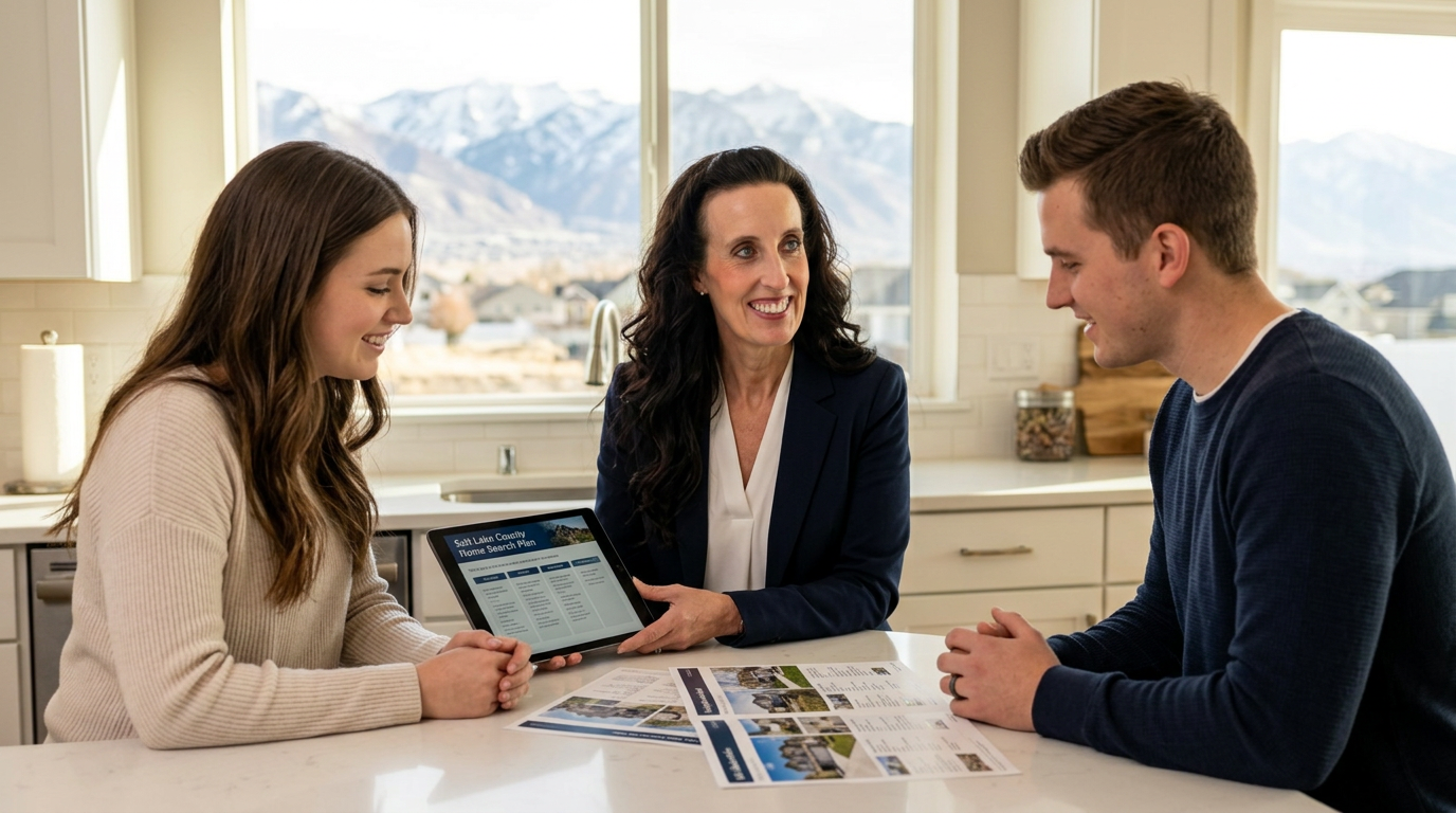 Utah Realtor Kim Miller in a navy blazer reviewing a Salt Lake County home purchase plan with a young couple, snow-capped Wasatch mountains behind.