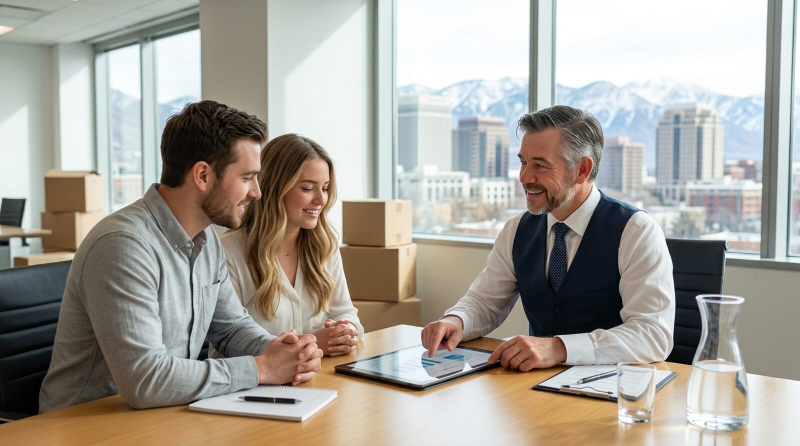 Utah mortgage professional Tres Miller in a white dress shirt and navy vest reviewing a relocation home-buying plan with a couple moving to Salt Lake City, downtown skyline and snow-capped Wasatch mountains beyond.