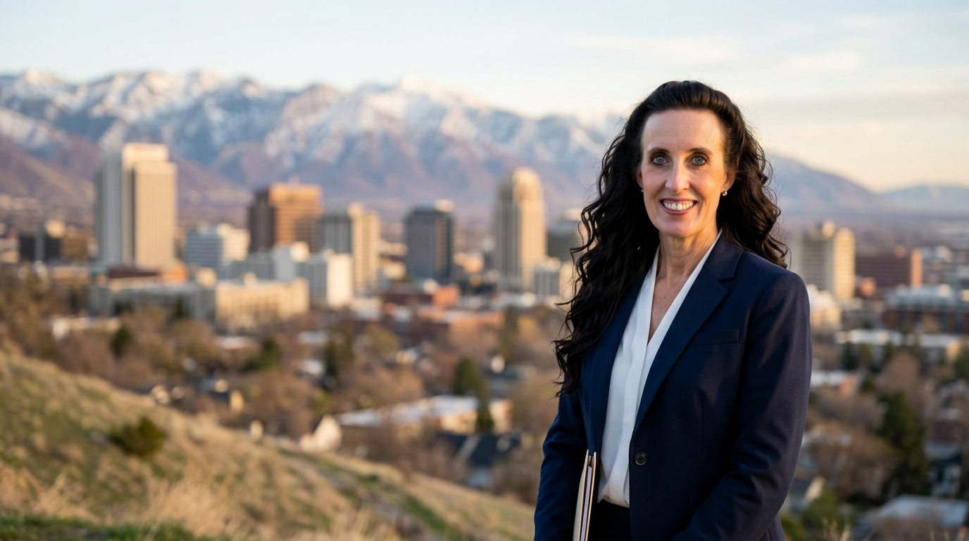 Utah Realtor Kim Miller in a navy blazer at a hillside overlook above downtown Salt Lake City, with the snow-capped Wasatch mountains beyond.