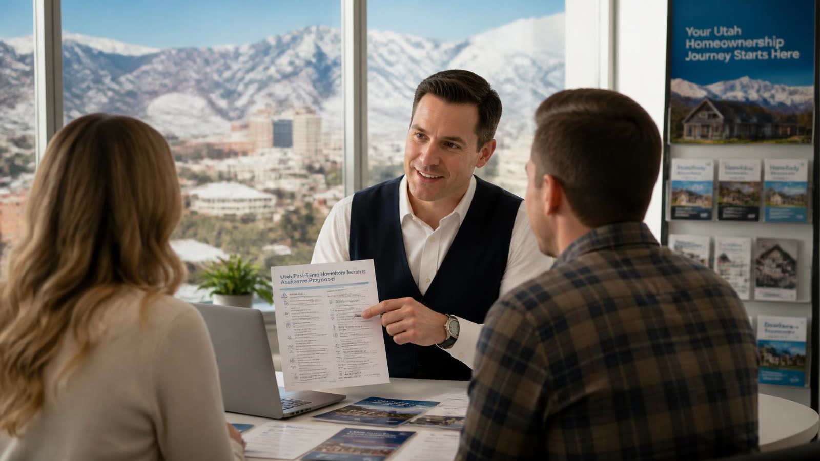 Utah mortgage professional Tres Miller in a white dress shirt and navy vest explaining Utah Housing Corporation down payment assistance paperwork to a first-time homebuyer couple, Salt Lake City and snow-capped Wasatch mountains through the window.