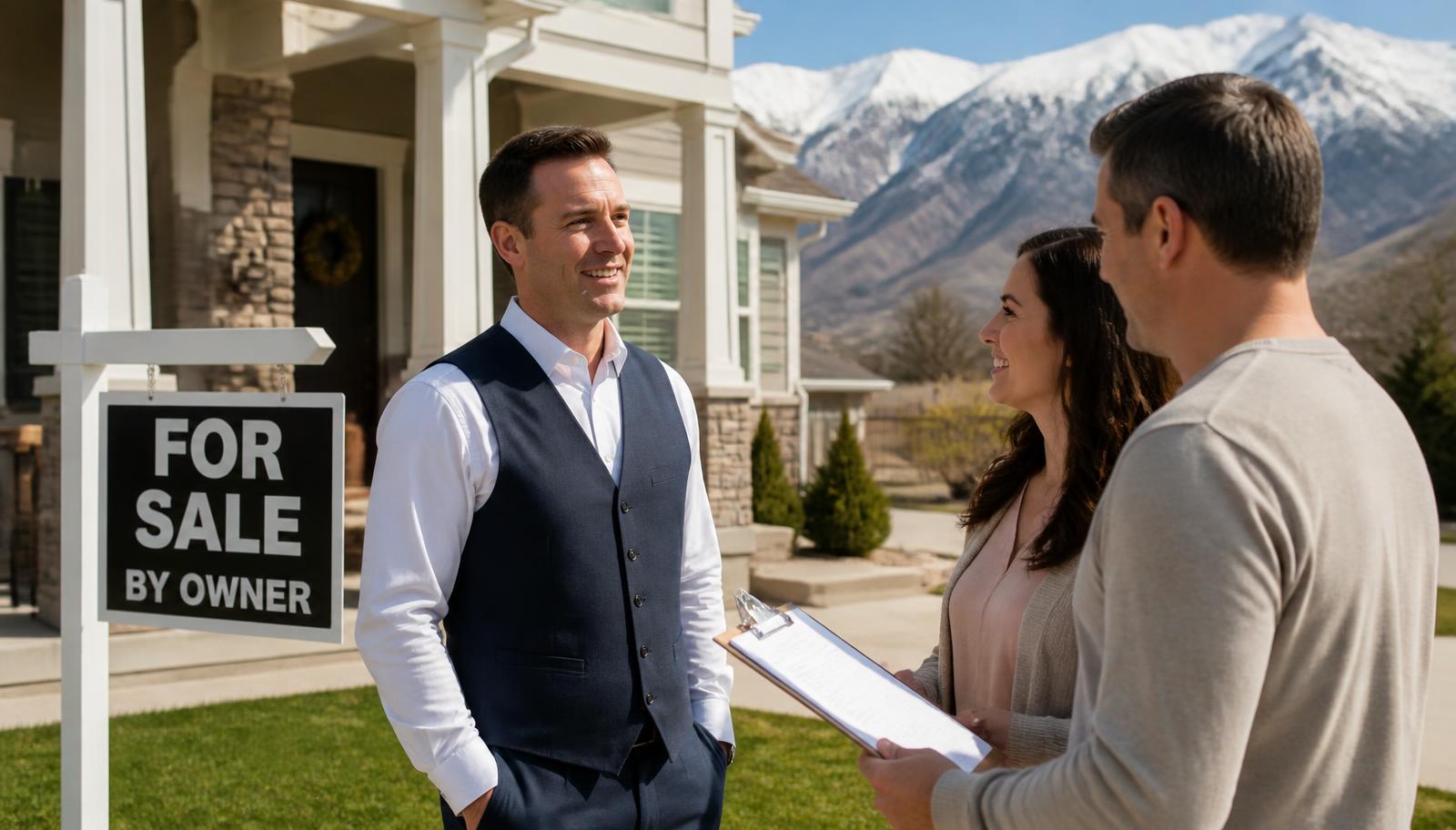 Utah mortgage professional Tres Miller in a white dress shirt and navy vest talking with a homeowner couple beside a For Sale By Owner sign on the front lawn of a Utah home, snow-capped Wasatch mountains behind them.