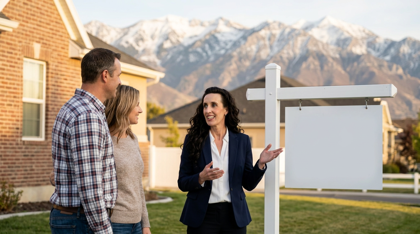 Utah Realtor Kim Miller in a navy blazer talking with a homeowner couple beside a yard sign on the front lawn of a Utah home, snow-capped Wasatch mountains behind them.