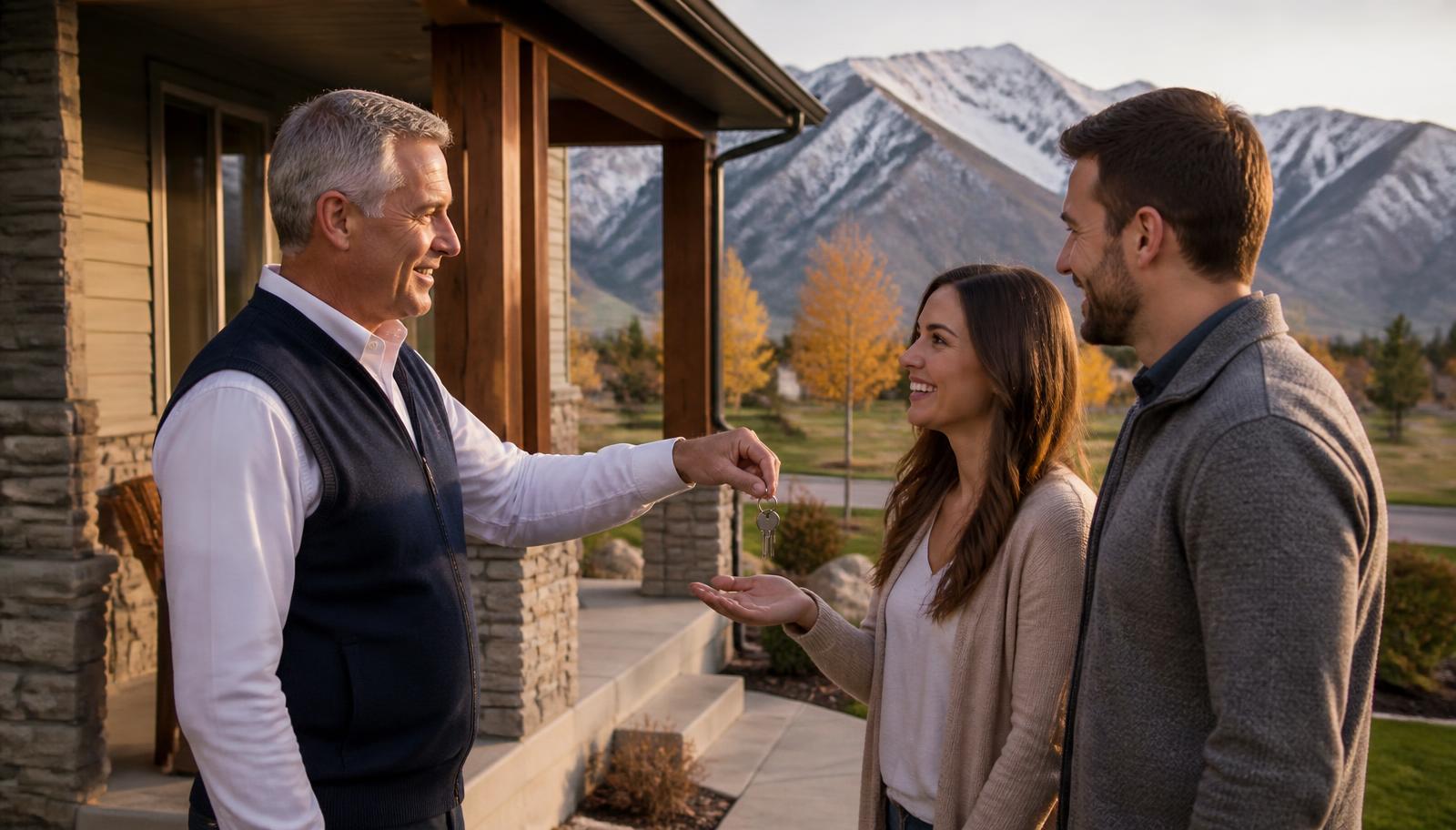 Utah mortgage professional Tres Miller in a white dress shirt and navy vest handing house keys to a young couple on the porch of their new Utah home, snow-capped Wasatch mountains behind them.