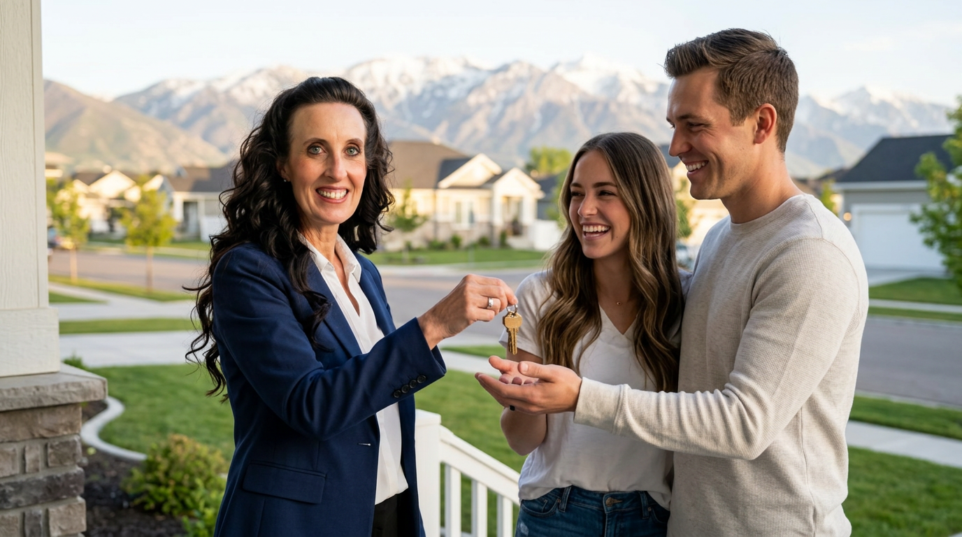 Utah Realtor Kim Miller in a navy blazer handing house keys to a young couple on the porch of their new Utah home, snow-capped Wasatch mountains behind them.