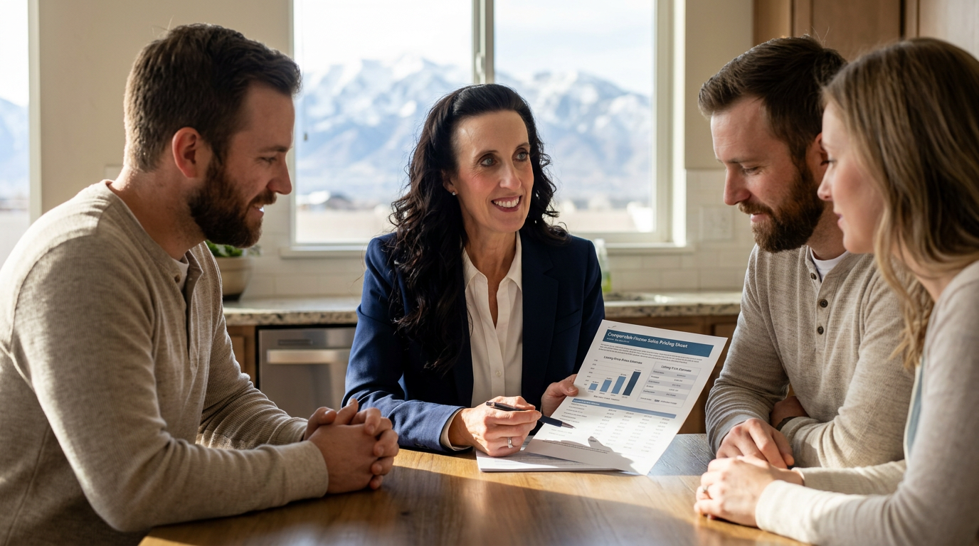 Utah Realtor Kim Miller in a navy blazer reviewing a comparable home sales pricing sheet with a Utah couple at a kitchen table, snow-capped Wasatch mountains through the window.
