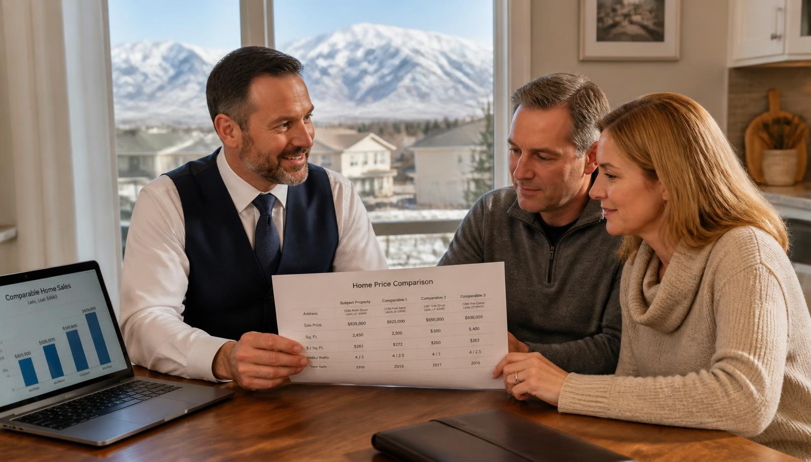 Utah mortgage professional Tres Miller in a white dress shirt and navy vest reviewing a comparable home sales pricing sheet with a Utah couple at a kitchen table, snow-capped Wasatch mountains visible through the window.