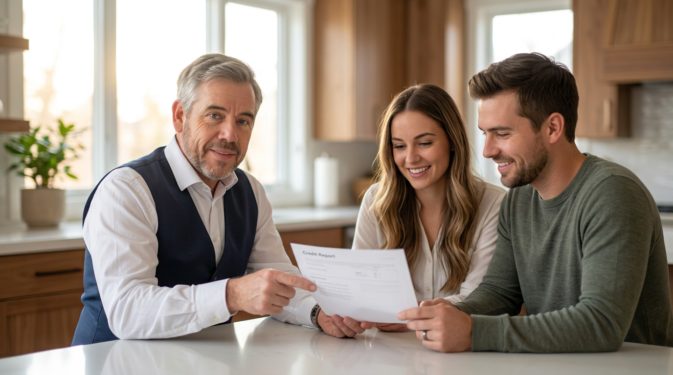 Tres “The Magic Mortgage Lender” Miller, Utah mortgage lender, reviewing FHA credit score requirements with a couple at their kitchen table.