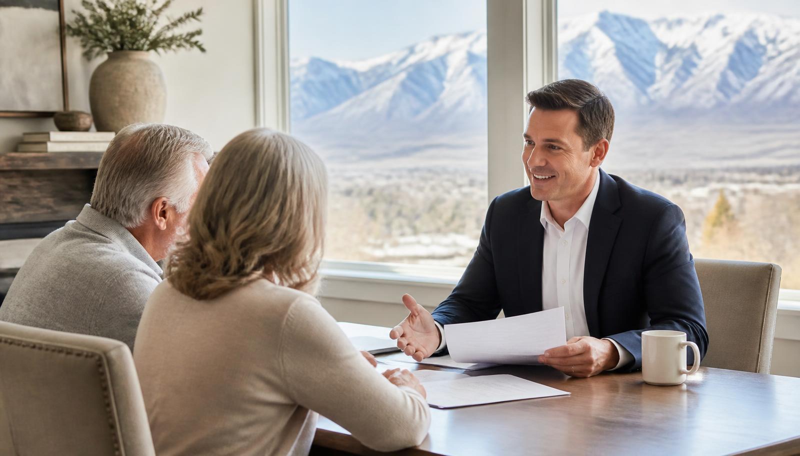 Utah mortgage professional Tres Miller in a navy blazer reviewing reverse mortgage paperwork with a retired Utah couple at a dining table, snow-capped Wasatch mountains through the window.