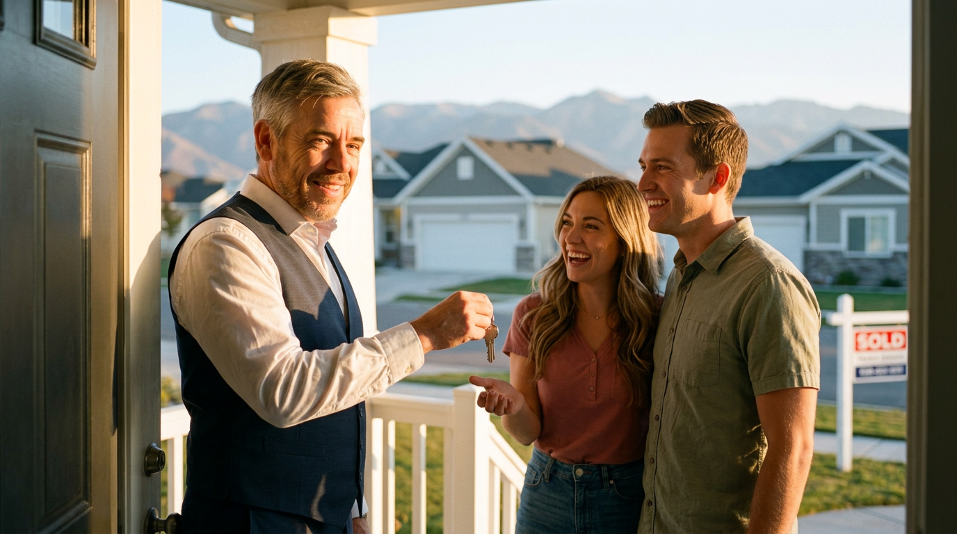 Tres “The Magic Mortgage Lender” Miller, Utah mortgage lender, welcoming first-time homebuyers at the door of their new Utah home, keys in hand.