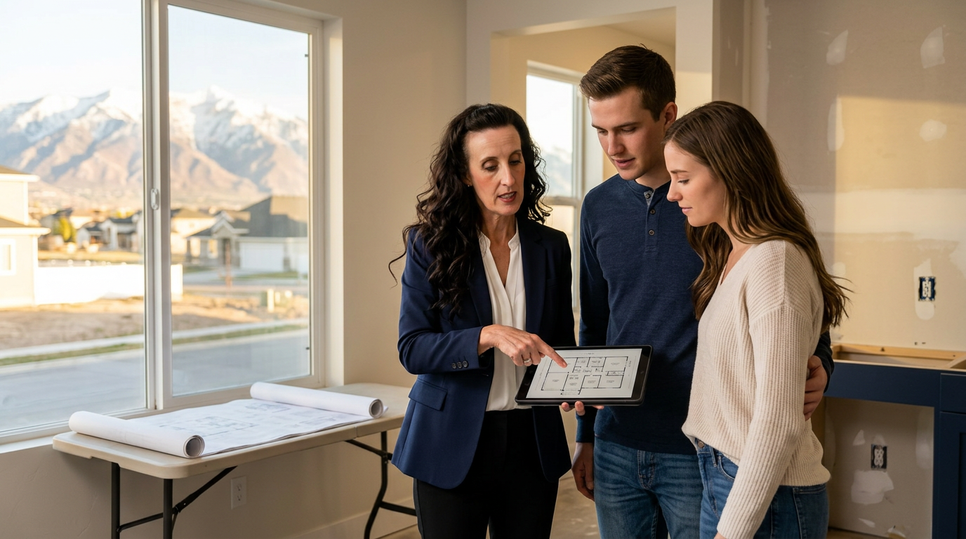 Kim Miller, Utah Realtor, reviewing a builder floor plan on a tablet with a young couple inside a newly built Utah home on the Wasatch Front.