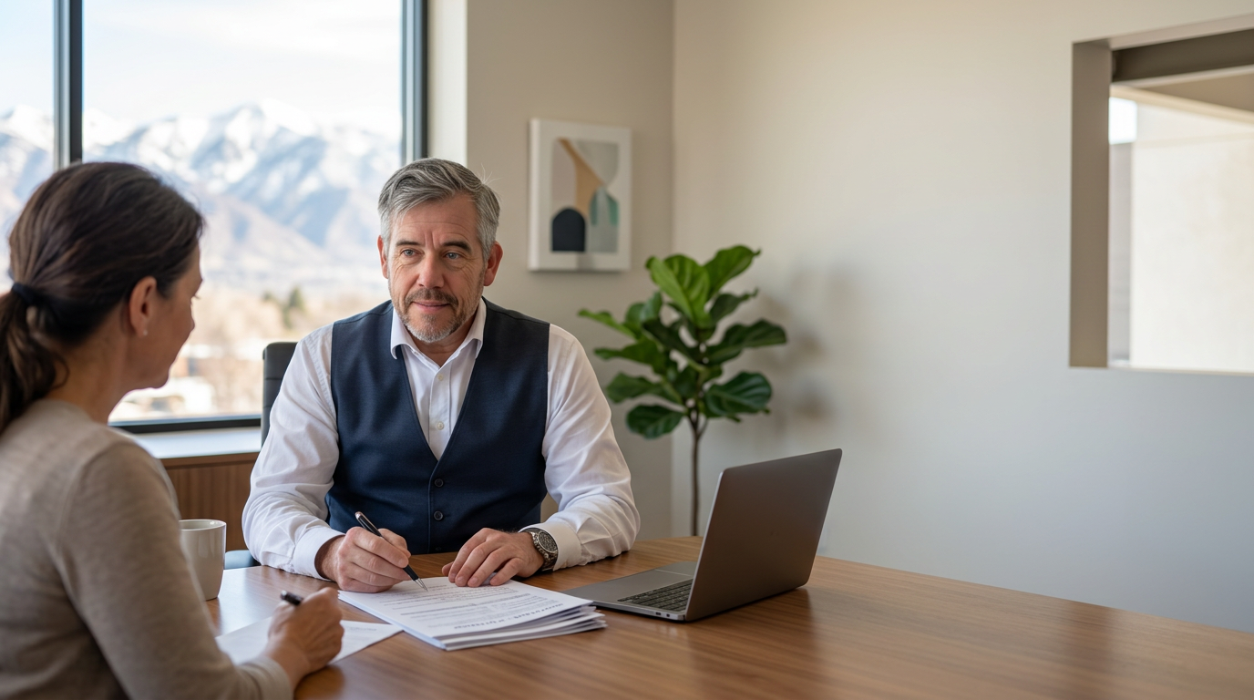 Tres “The Magic Mortgage Lender” Miller, Utah mortgage lender, reviewing mortgage and title documents with a Utah homeowner during a divorce consultation, with the Wasatch mountains visible through the office window.