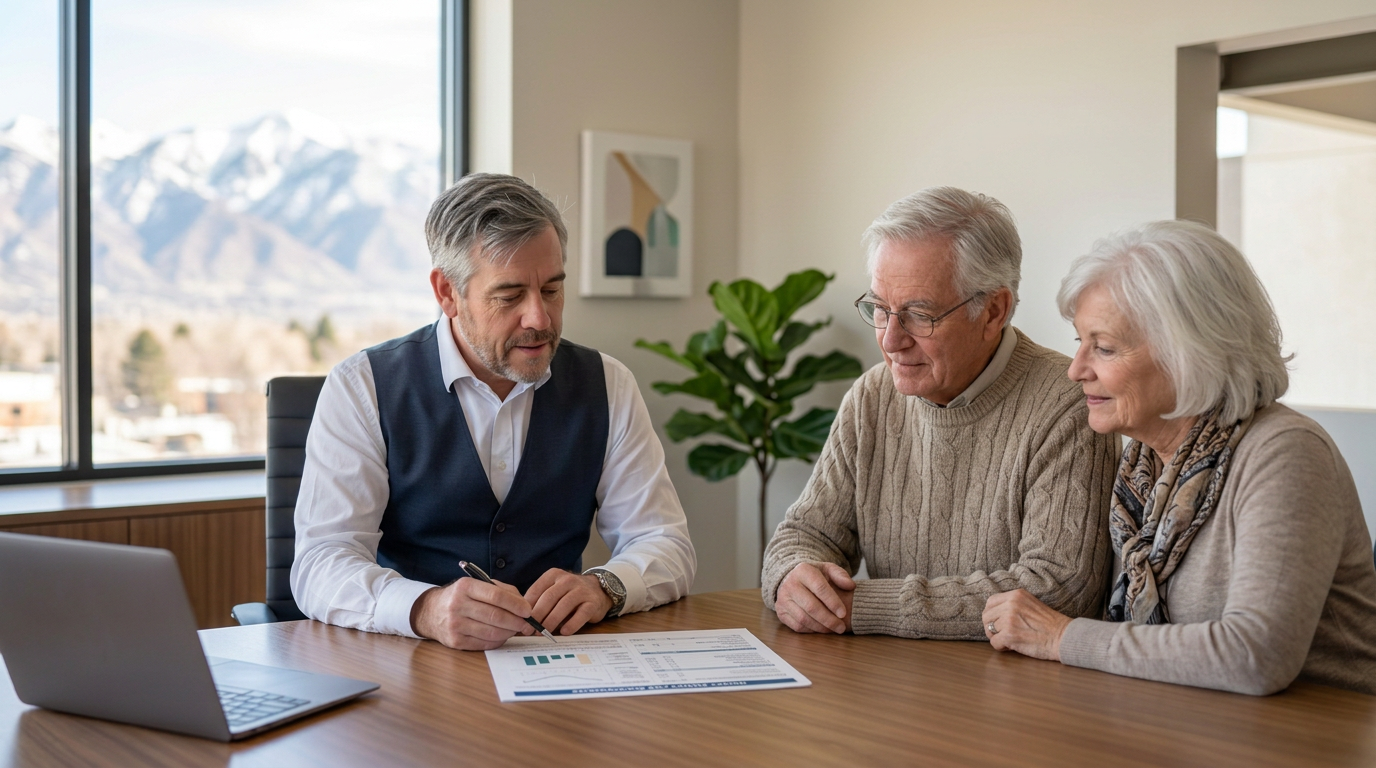 Tres “The Magic Mortgage Lender” Miller, Utah mortgage lender in his navy vest and white shirt, reviewing downsizing options on a tablet with a senior Utah homeowner at a kitchen table with a Wasatch mountain view.