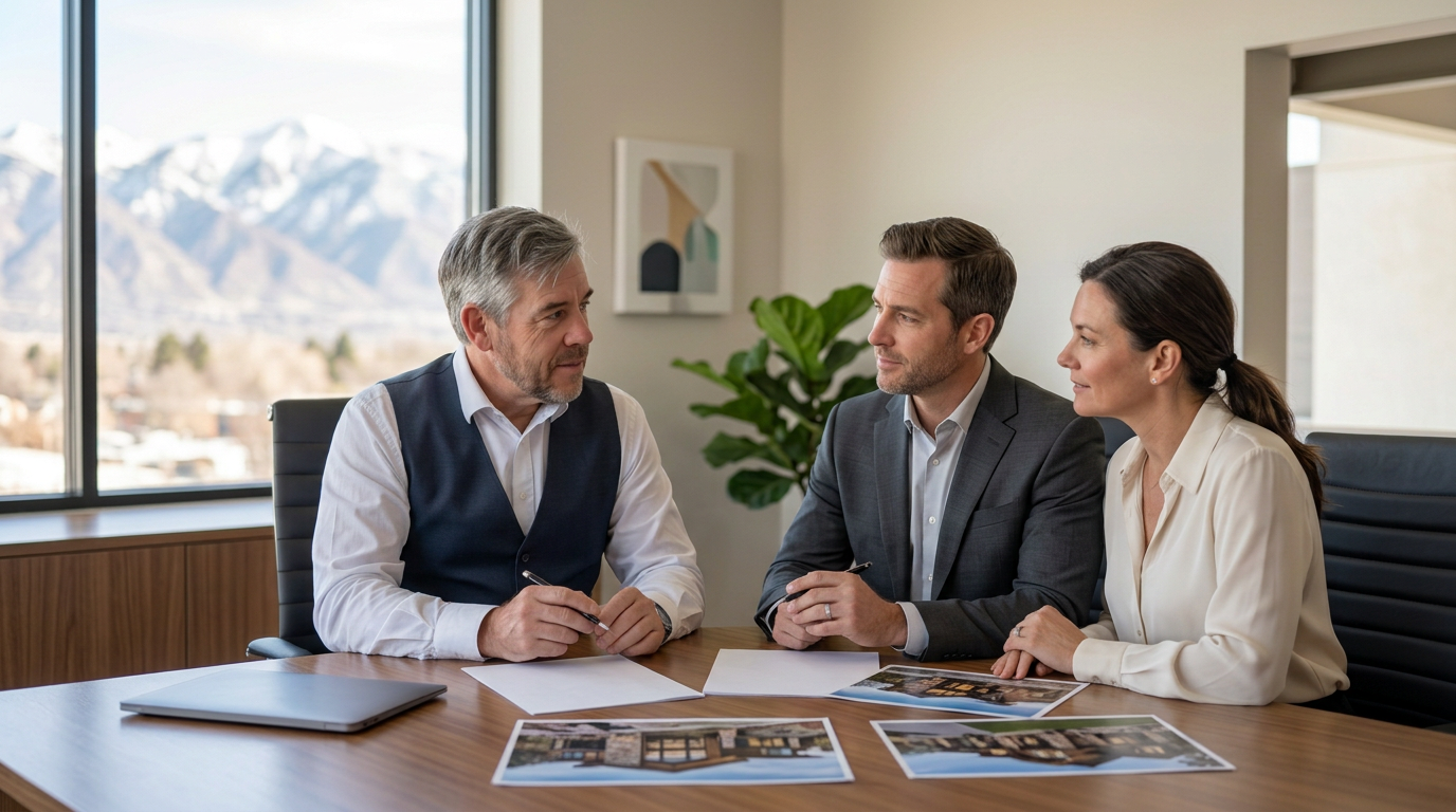 Tres “The Magic Mortgage Lender” Miller, Utah mortgage lender in his navy vest and white shirt, reviewing a jumbo financing worksheet with a couple, with photos of a Utah luxury home on the table.