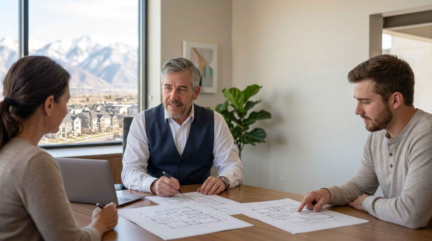 Tres “The Magic Mortgage Lender” Miller, Utah mortgage lender in his navy vest and white shirt, comparing condo and townhome floor plans with a young Utah couple, a townhome community and the Wasatch mountains through the window.