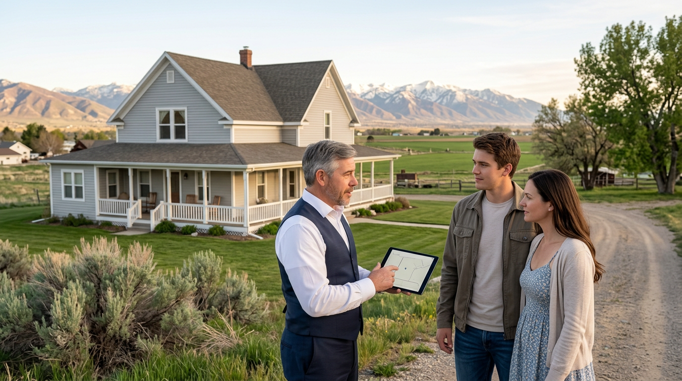 Tres “The Magic Mortgage Lender” Miller, Utah mortgage lender in his navy vest and white shirt, reviewing rural property eligibility on a tablet with a young couple outside a farmhouse-style home in a small Utah town, farmland and the Wasatch mountains behind them.