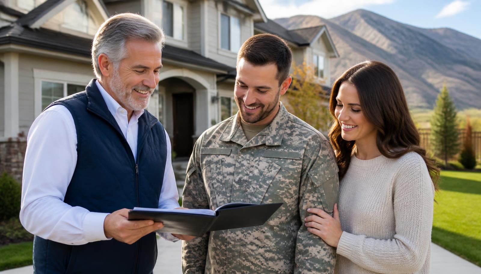 Tres “The Magic Mortgage Lender” Miller, Utah mortgage lender in his navy vest and white shirt, reviewing VA loan documents with a U.S. Army veteran and his wife outside a Highland, Utah home with the Wasatch foothills behind them.