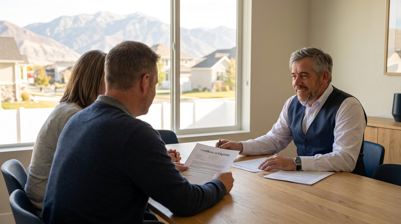 Tres “The Magic Mortgage Lender” Miller in his navy vest and white shirt reviewing VA loan eligibility documents with a veteran couple in a Cedar Hills, Utah home.
