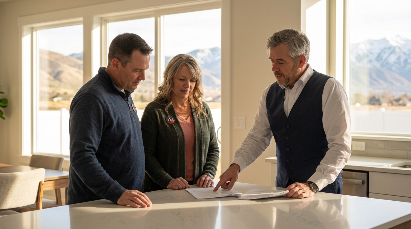 Tres “The Magic Mortgage Lender” Miller in his navy vest and white shirt reviewing VA loan eligibility documents with a veteran couple in a Mapleton, Utah home.