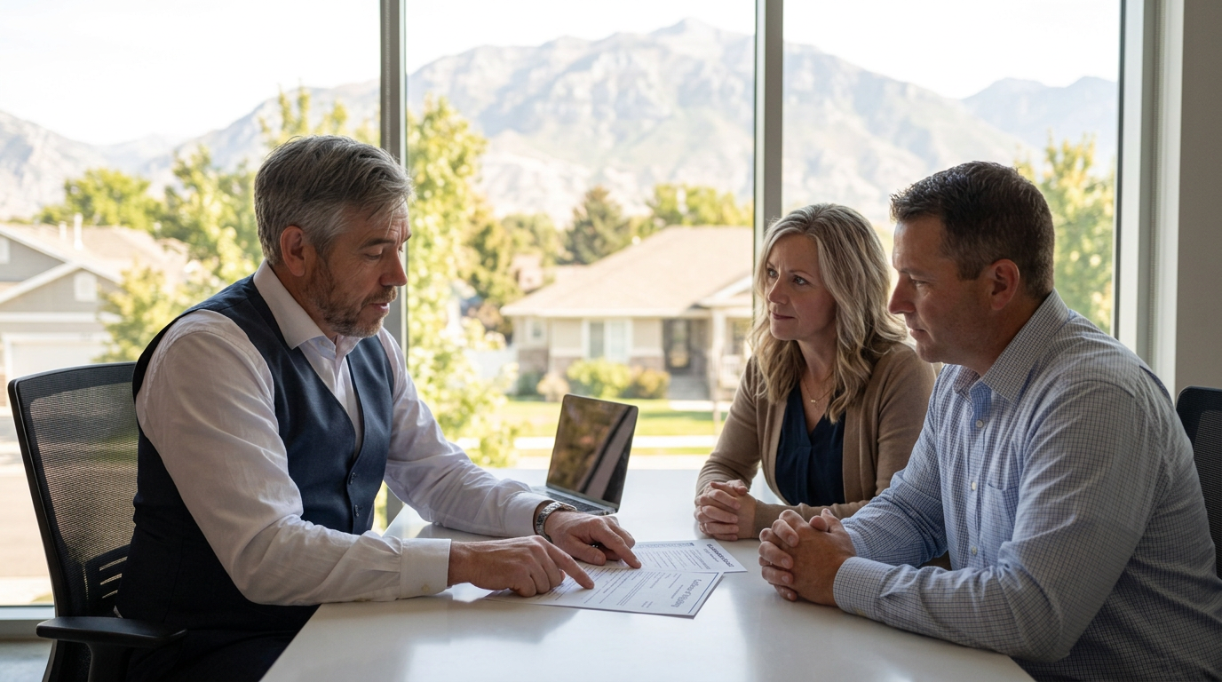 Tres “The Magic Mortgage Lender” Miller in his navy vest and white shirt reviewing VA loan eligibility documents with a veteran couple in an Orem, Utah office.