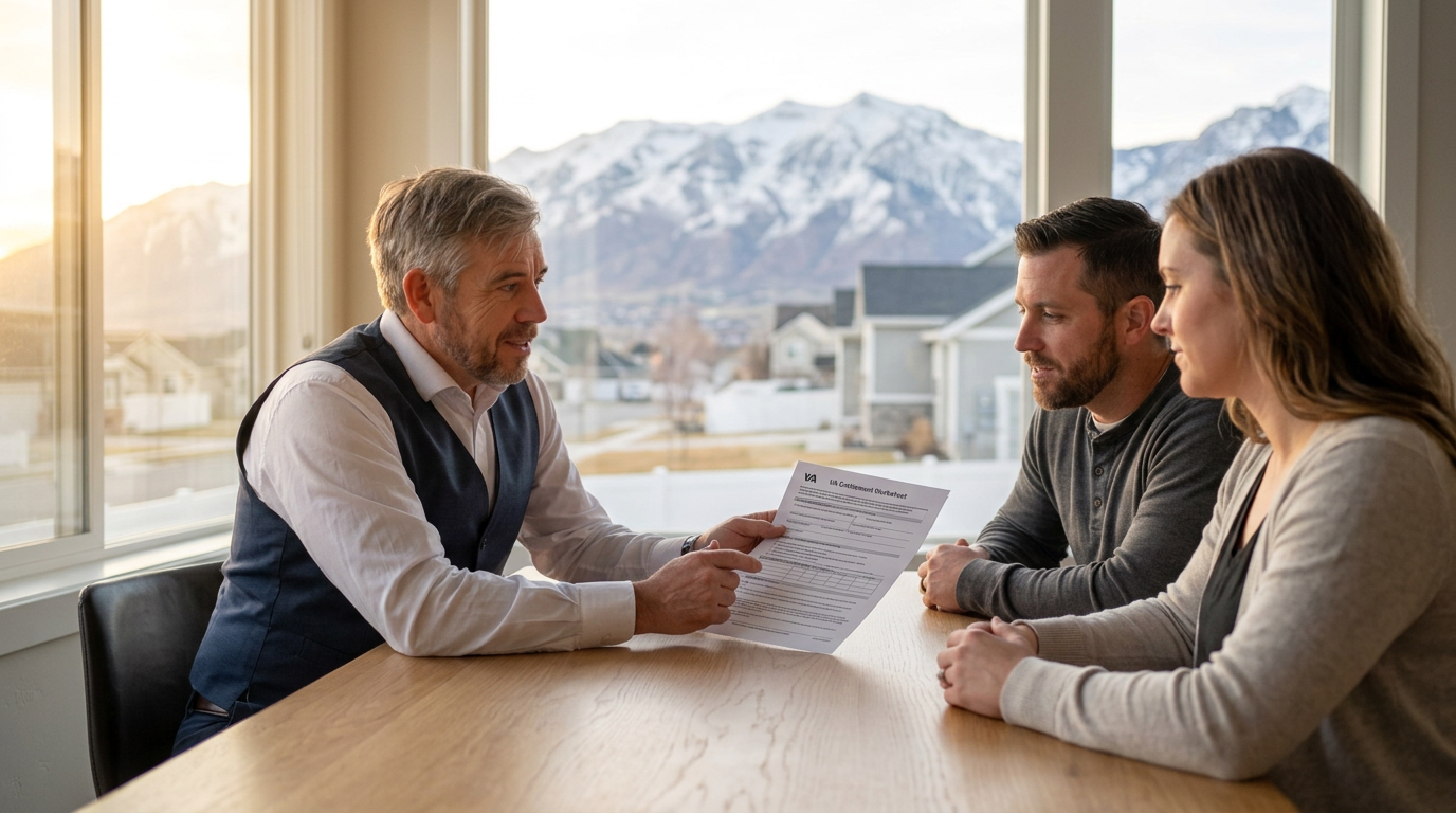 Tres “The Magic Mortgage Lender” Miller in his navy vest and white shirt explaining a VA entitlement worksheet to a veteran couple in an Alpine, Utah home.
