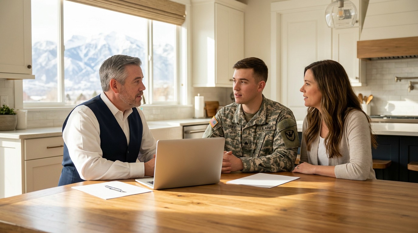 Tres “The Magic Mortgage Lender” Miller in his navy vest and white shirt reviewing a zero-down VA cash-to-close worksheet with veteran homebuyers in Alpine, Utah.