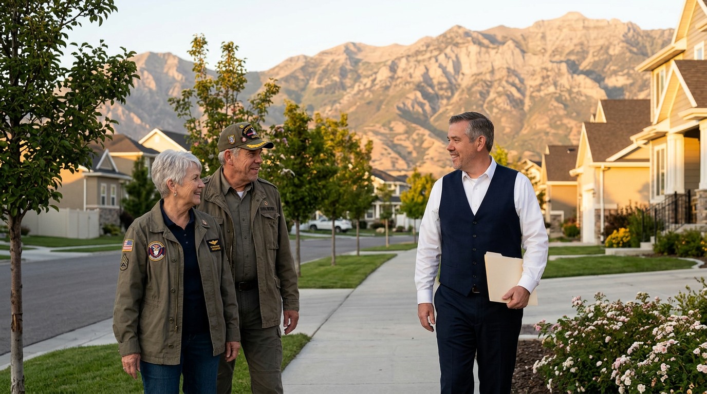 Tres “The Magic Mortgage Lender” Miller in his navy vest and white shirt reviewing a zero-down VA cash-to-close worksheet with veteran homebuyers in Highland, Utah.