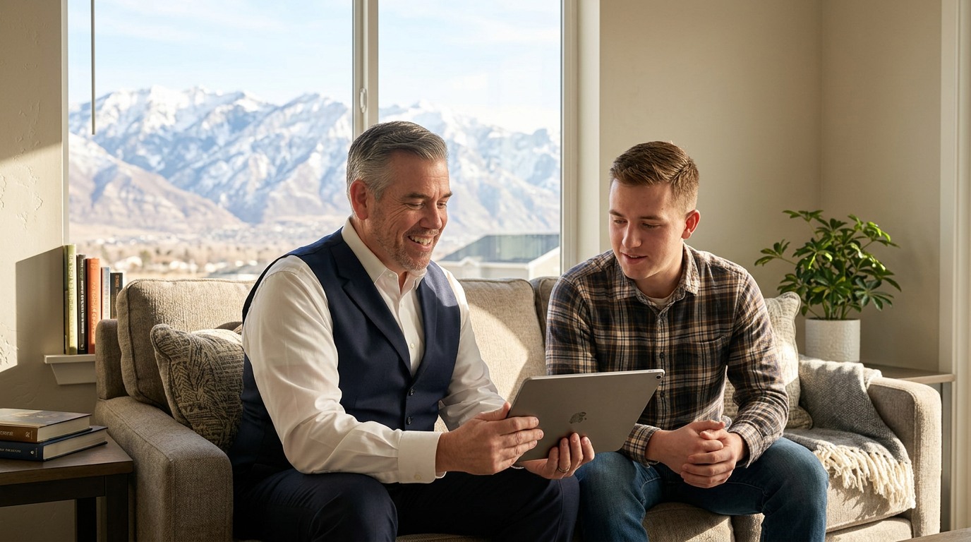 Tres “The Magic Mortgage Lender” Miller in his navy vest and white shirt shaking hands with a young veteran buyer holding loan documents in front of an Orem, Utah townhome.